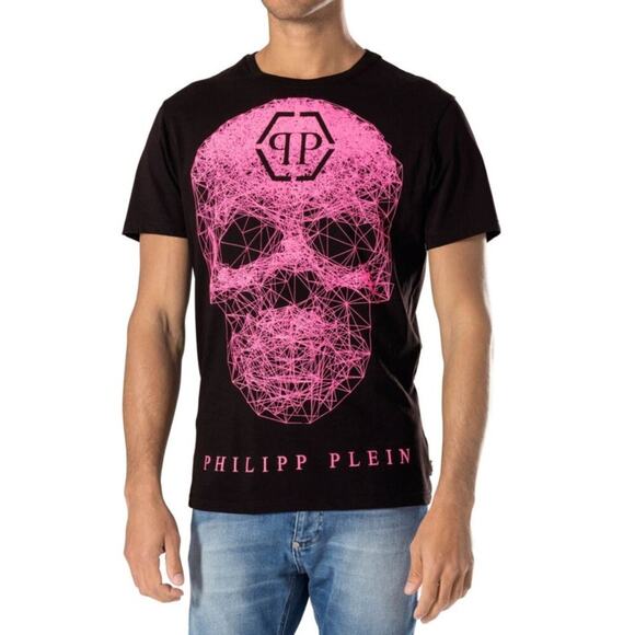 Philipp Plein Homme Hot Pink SS Skull Print Black TShirt RARE Men's Size S - Picture 1 of 9